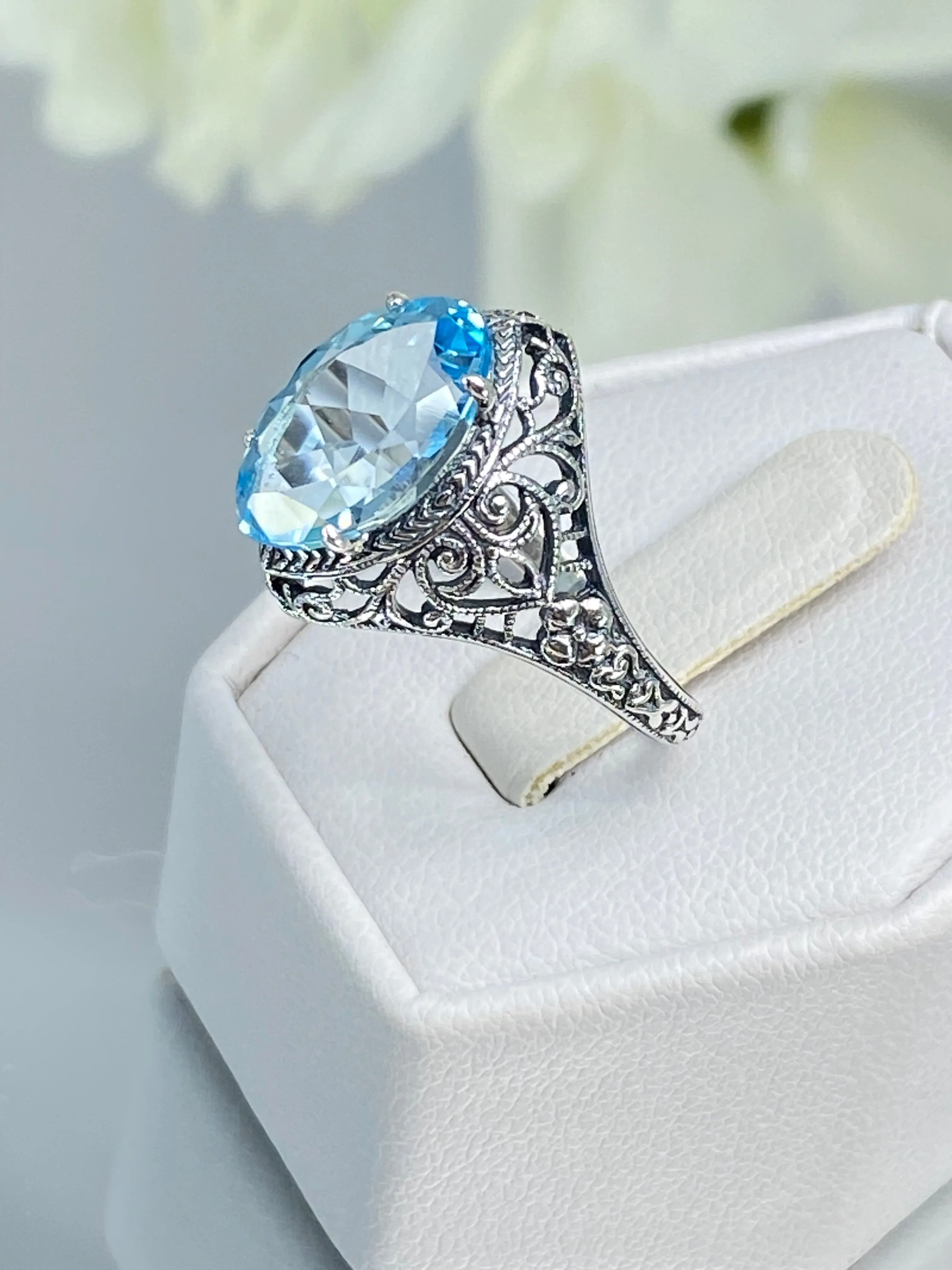 Natural Blue Topaz Ring, Marquise Cut Gemstone, Art Deco Filigree Jewelry #D201