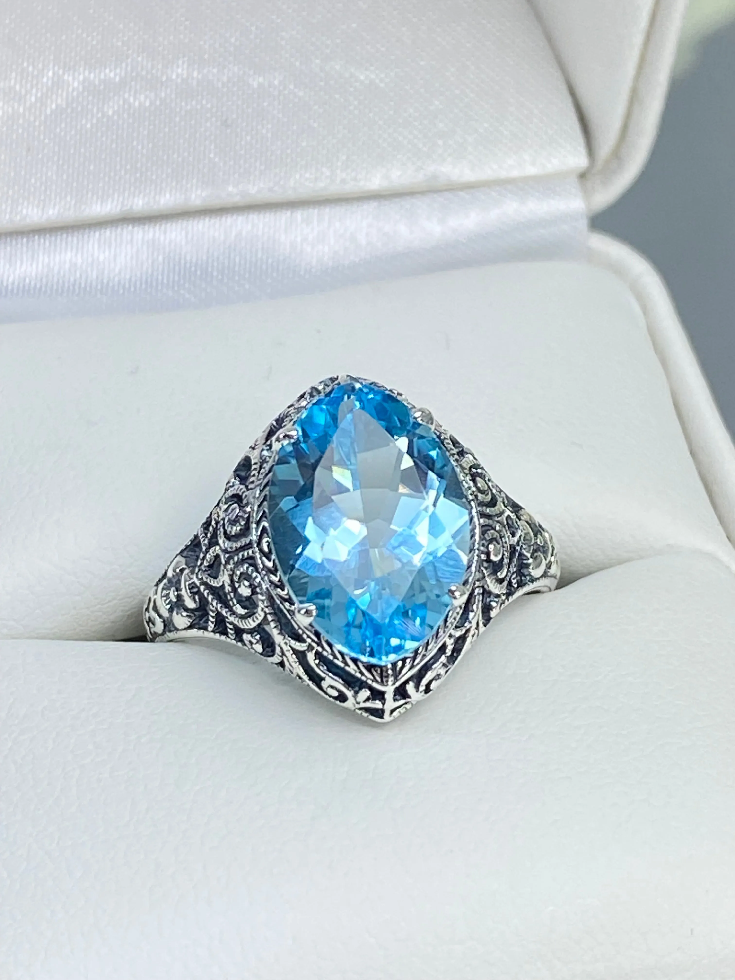 Natural Blue Topaz Ring, Marquise Cut Gemstone, Art Deco Filigree Jewelry #D201