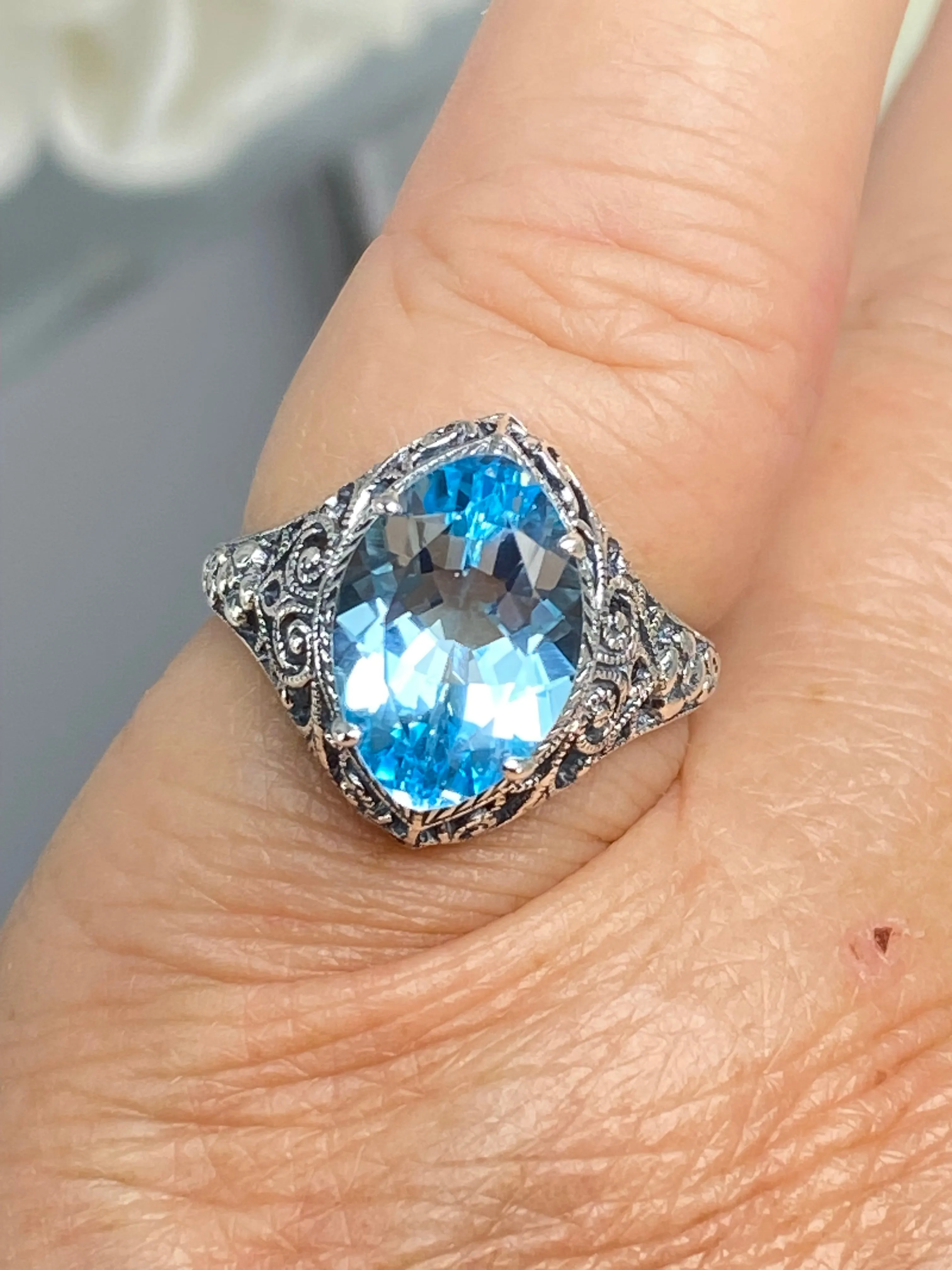 Natural Blue Topaz Ring, Marquise Cut Gemstone, Art Deco Filigree Jewelry #D201