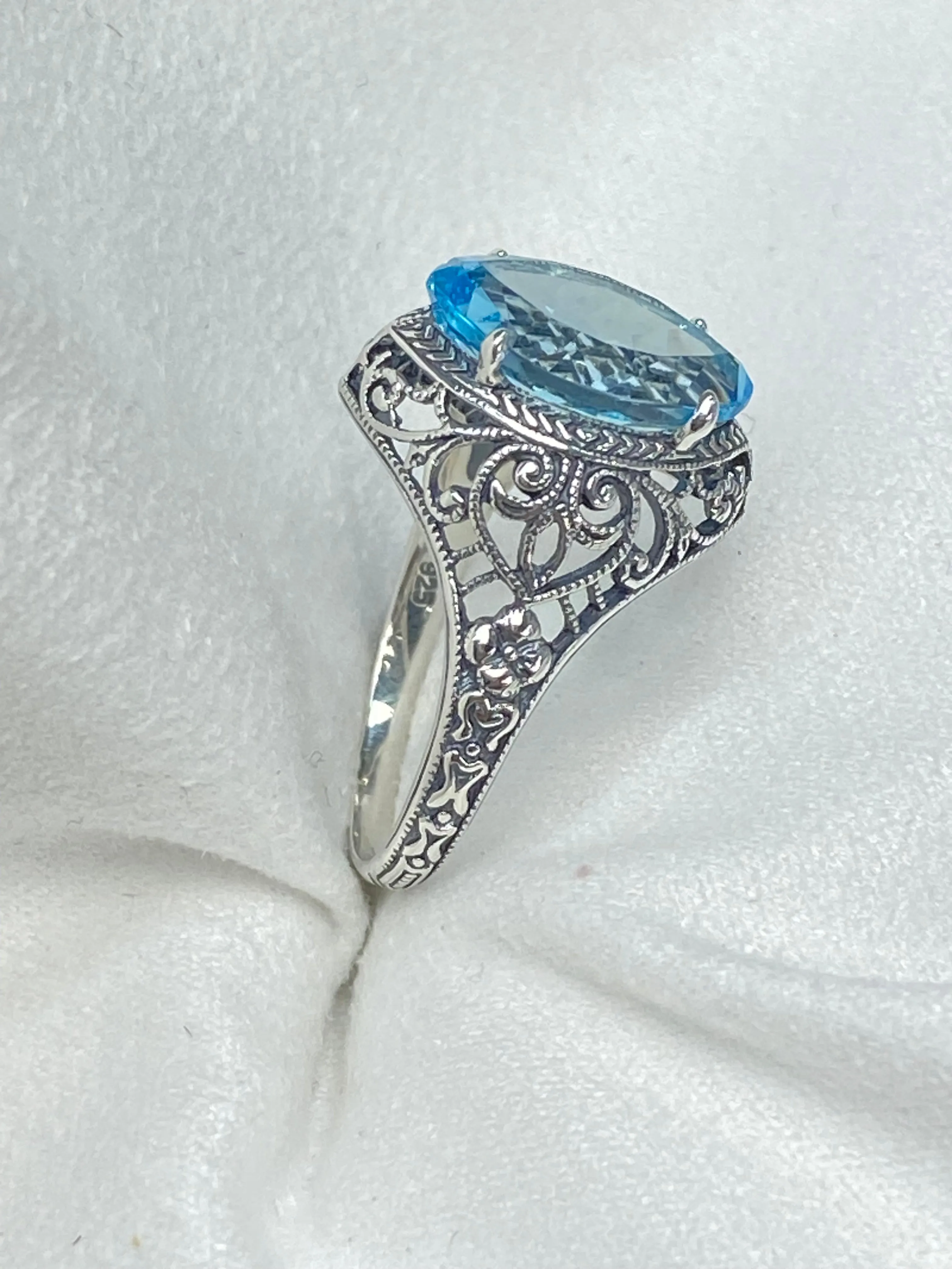 Natural Blue Topaz Ring, Marquise Cut Gemstone, Art Deco Filigree Jewelry #D201