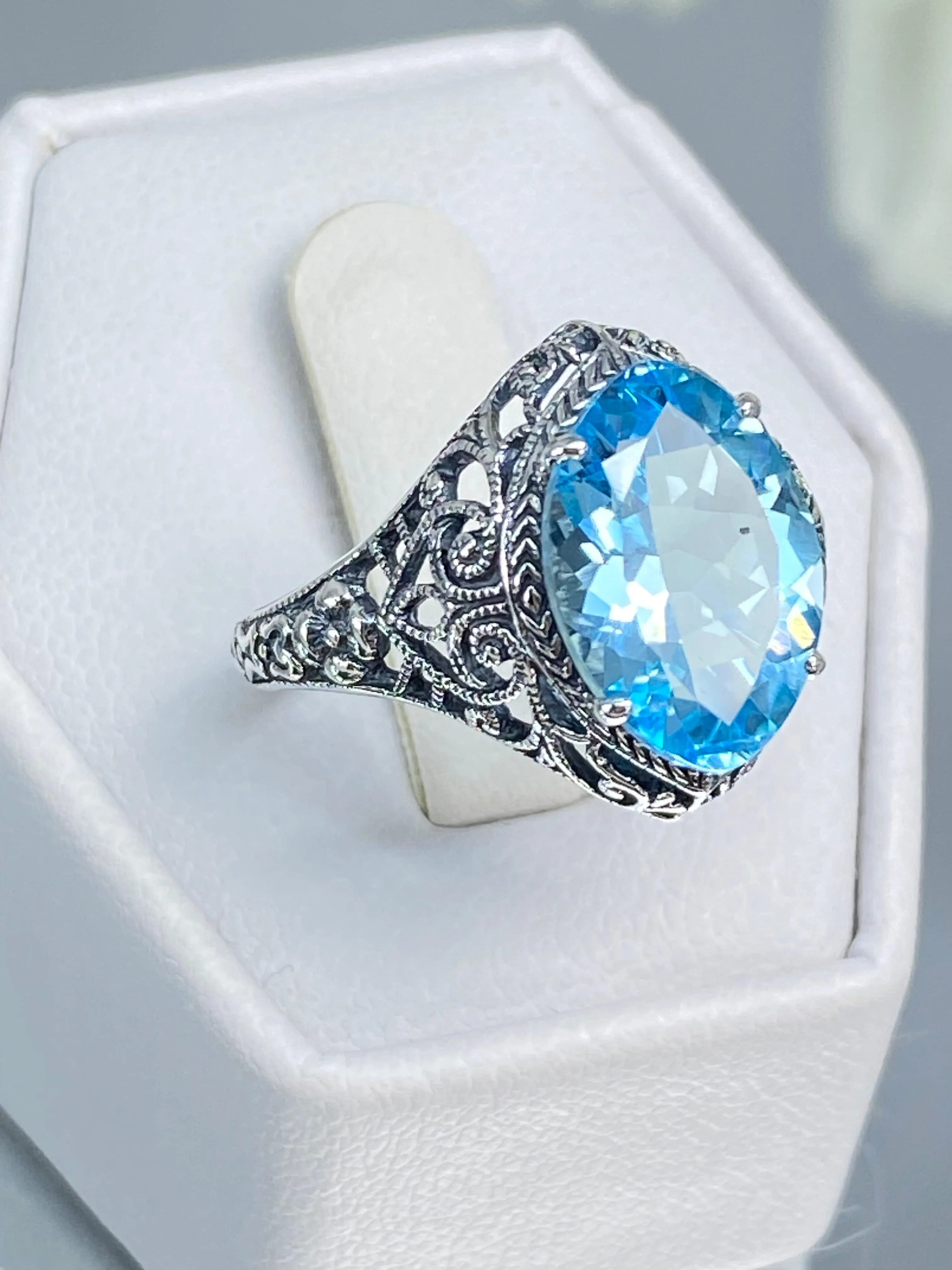 Natural Blue Topaz Ring, Marquise Cut Gemstone, Art Deco Filigree Jewelry #D201