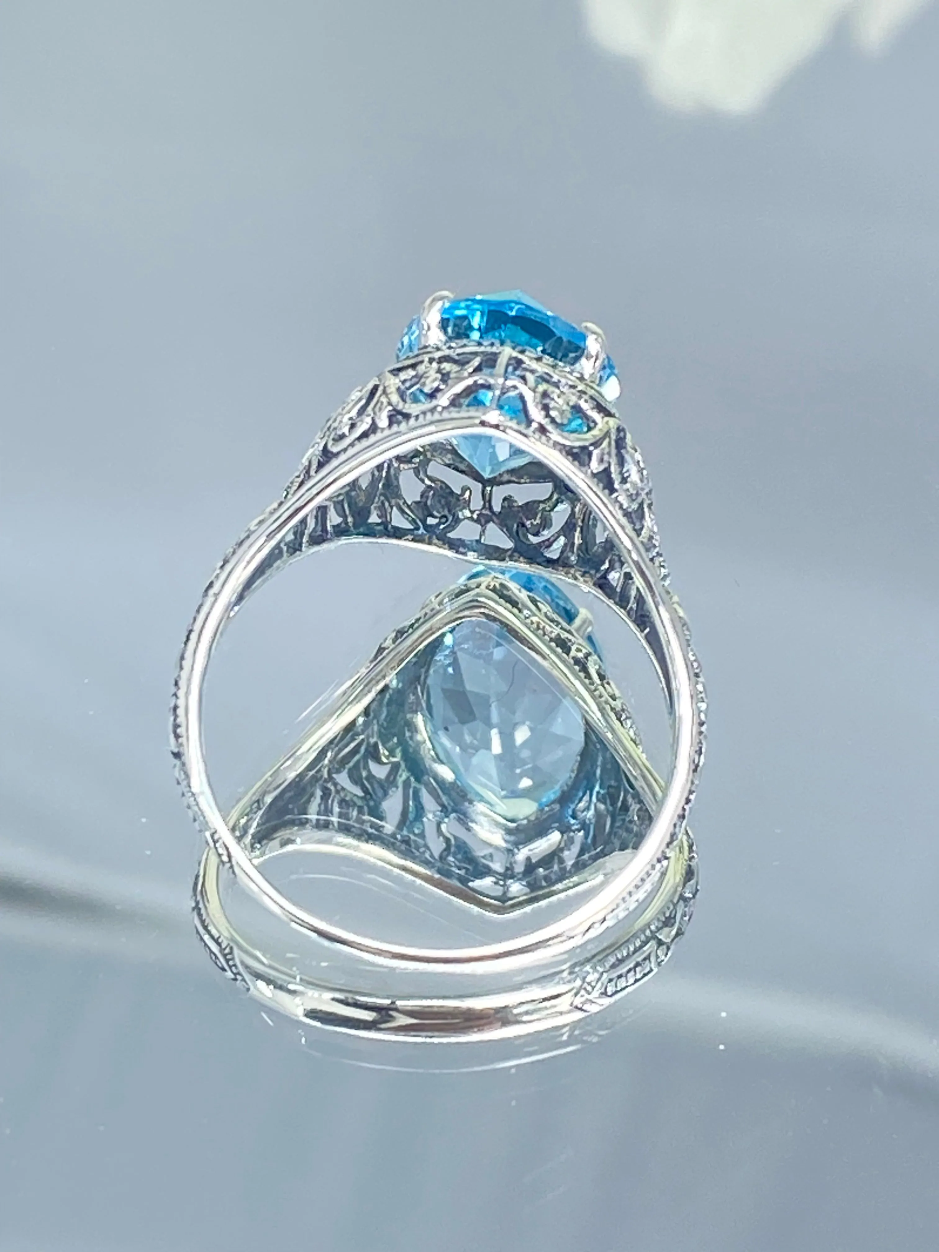 Natural Blue Topaz Ring, Marquise Cut Gemstone, Art Deco Filigree Jewelry #D201