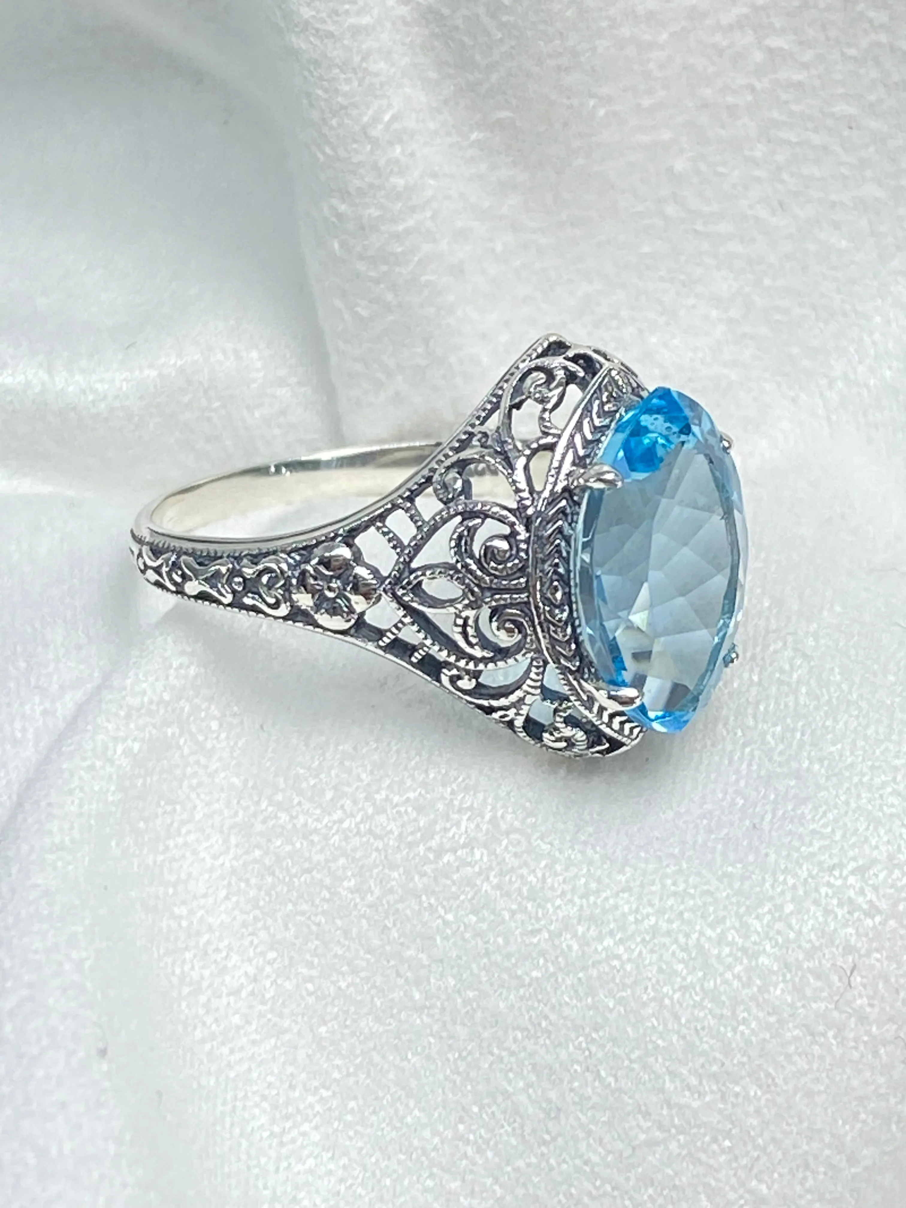Natural Blue Topaz Ring, Marquise Cut Gemstone, Art Deco Filigree Jewelry #D201