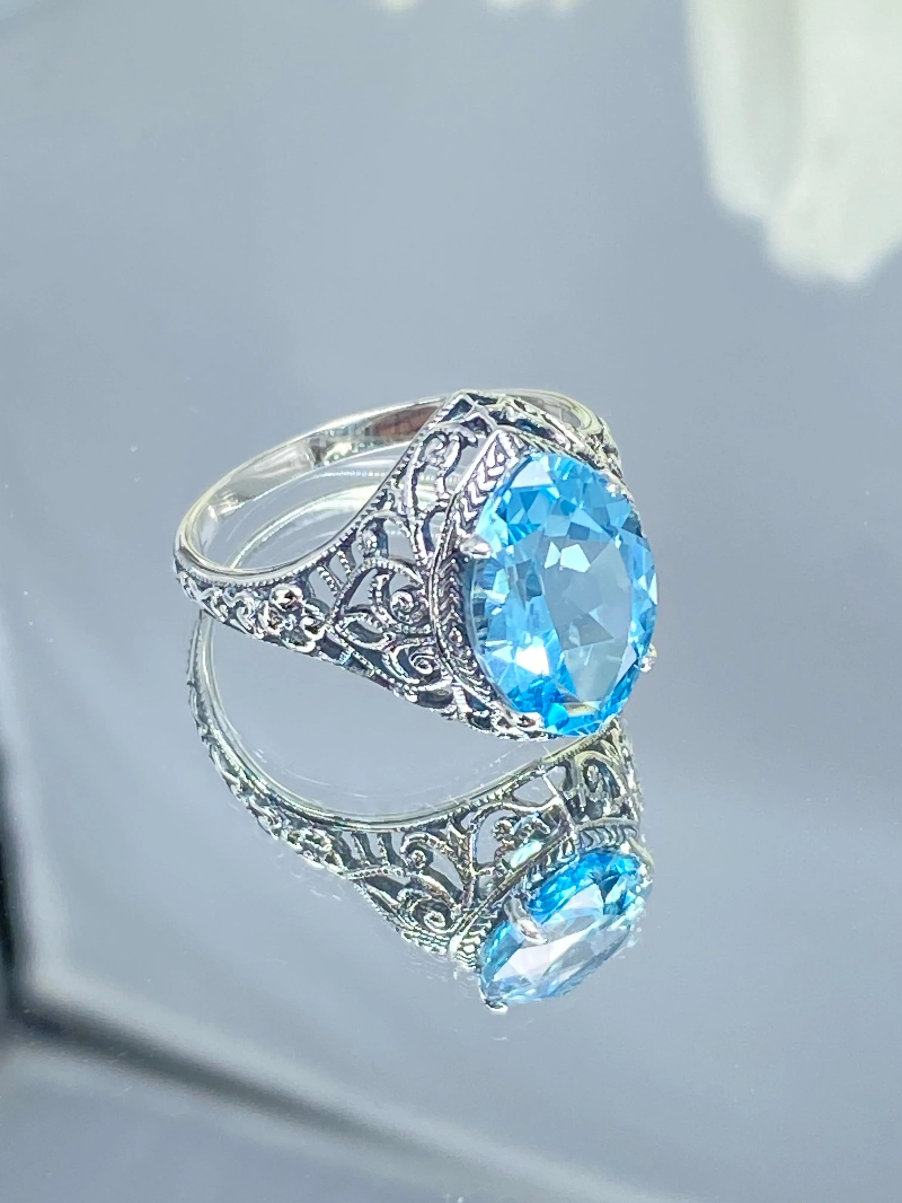 Natural Blue Topaz Ring, Marquise Cut Gemstone, Art Deco Filigree Jewelry #D201
