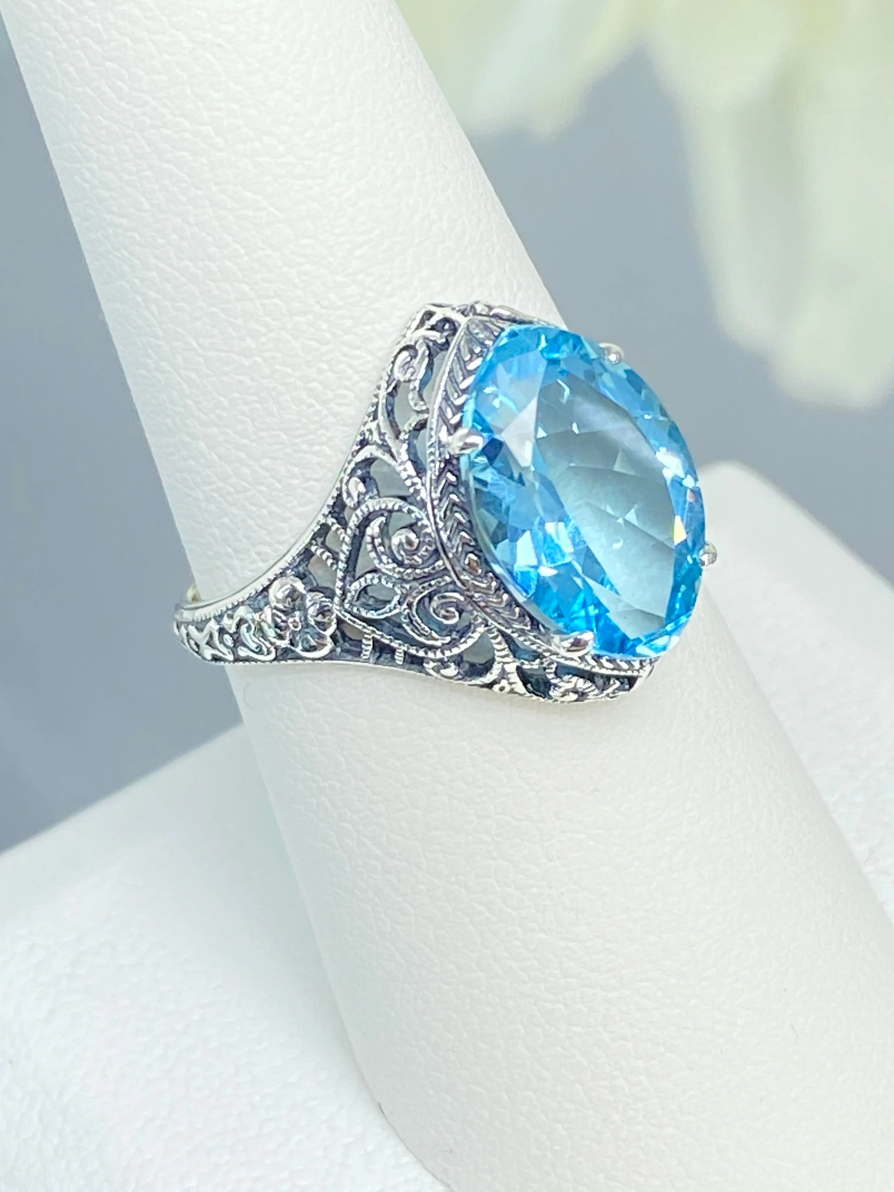 Natural Blue Topaz Ring, Marquise Cut Gemstone, Art Deco Filigree Jewelry #D201
