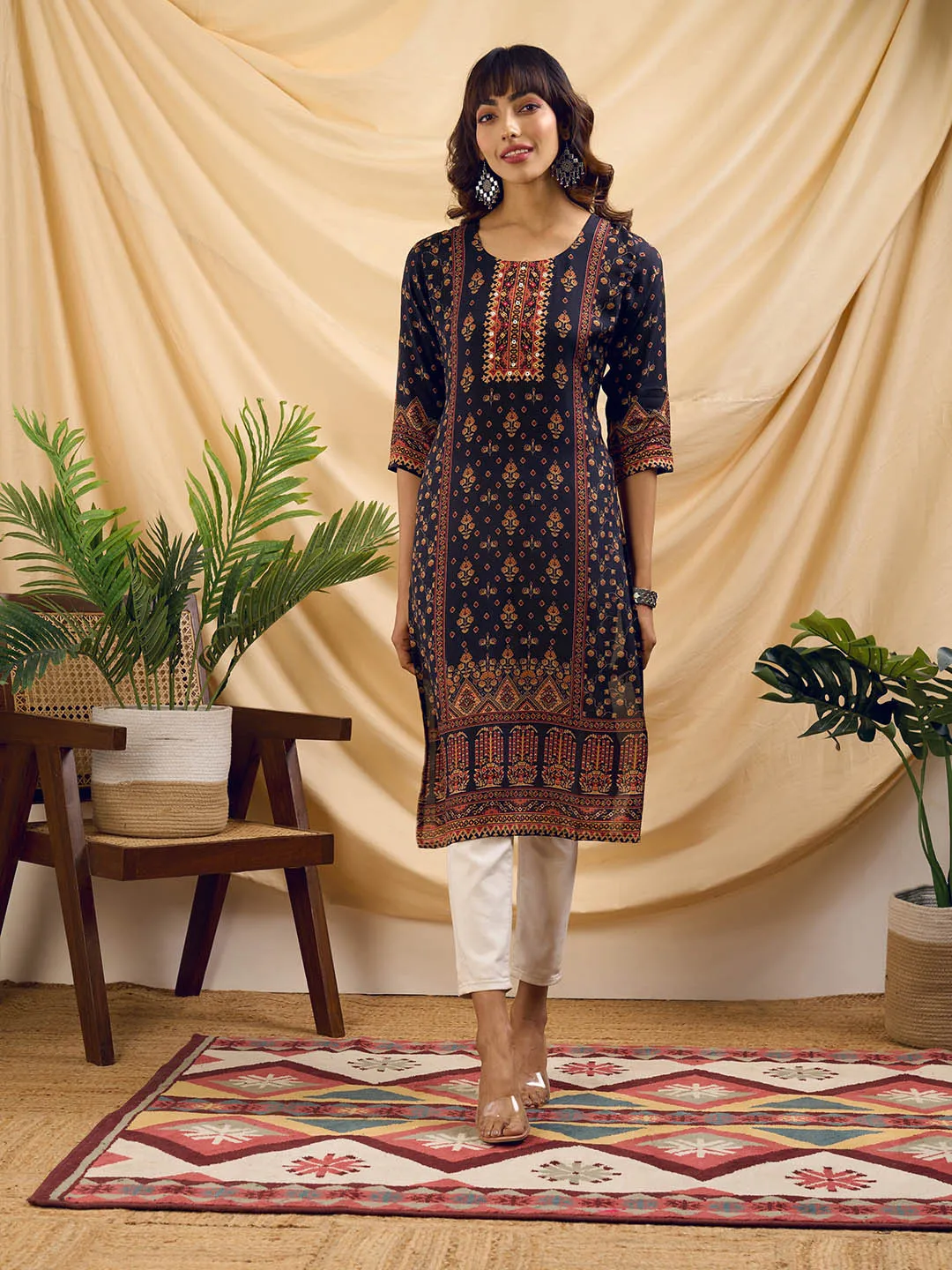 Navy Blue Kurta - Women Muslin Comfort Fit Kurta - Zola