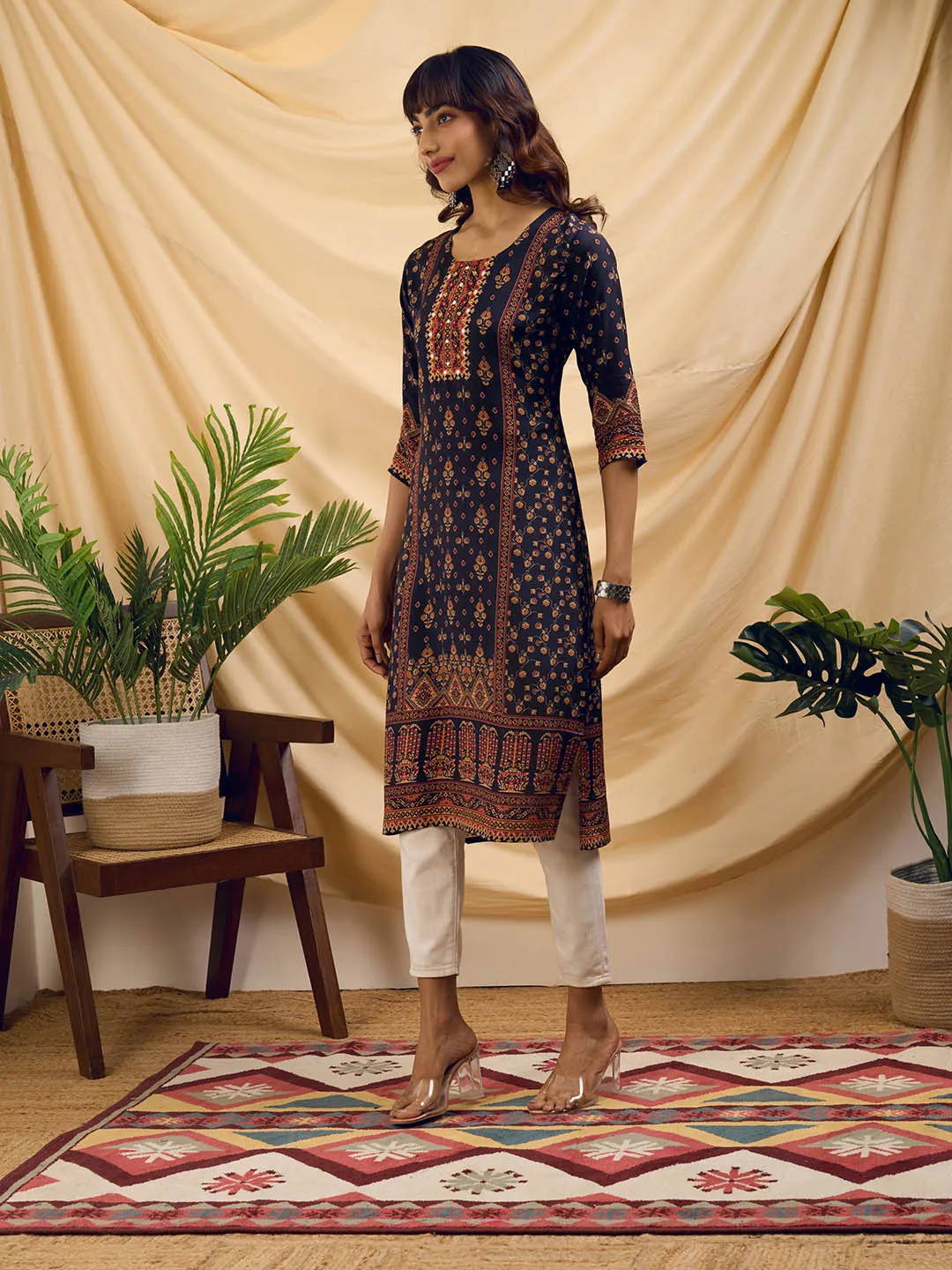 Navy Blue Kurta - Women Muslin Comfort Fit Kurta - Zola