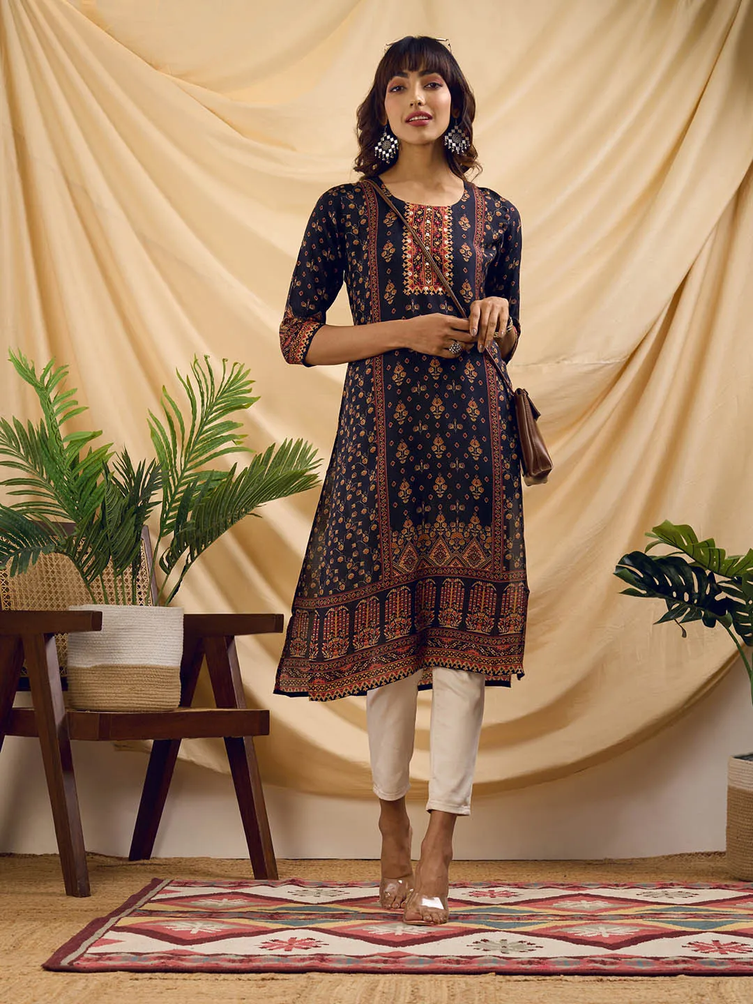 Navy Blue Kurta - Women Muslin Comfort Fit Kurta - Zola