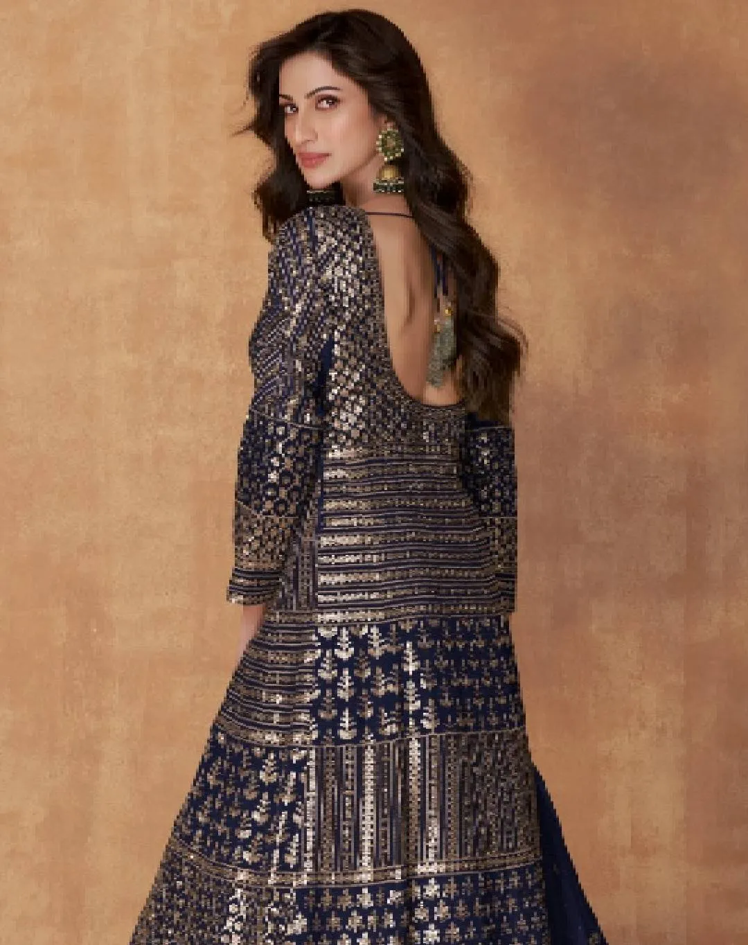 Navy Blue Sequence Front Open Anarkali Set- Rent