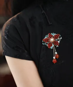 New Red Sterling Silver Overgild Pearl Crystal Tassel Brooches