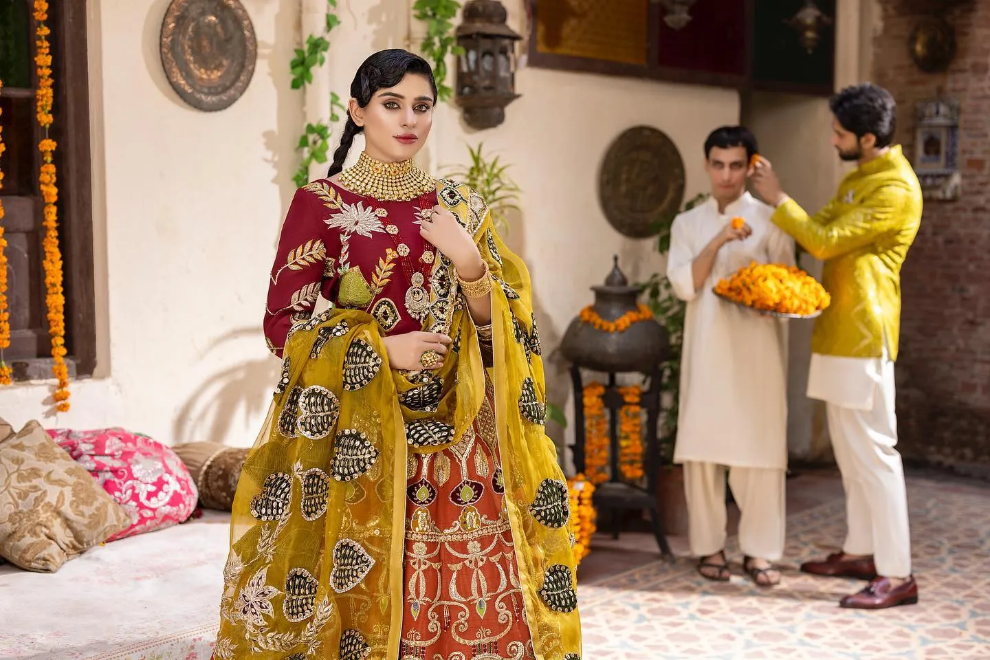 Orange Lehenga and Maroon Choli Pakistani Bridal Dress
