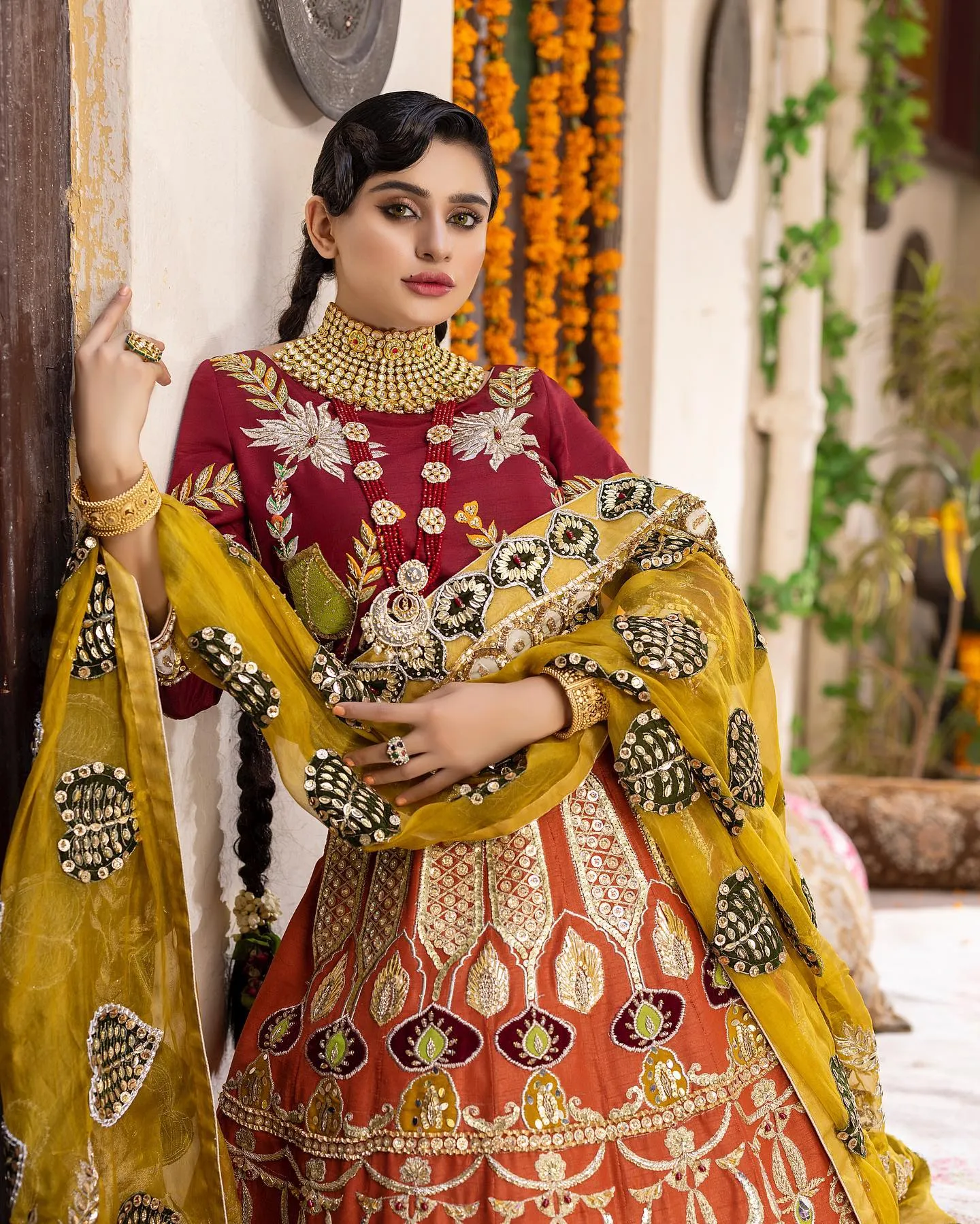 Orange Lehenga and Maroon Choli Pakistani Bridal Dress