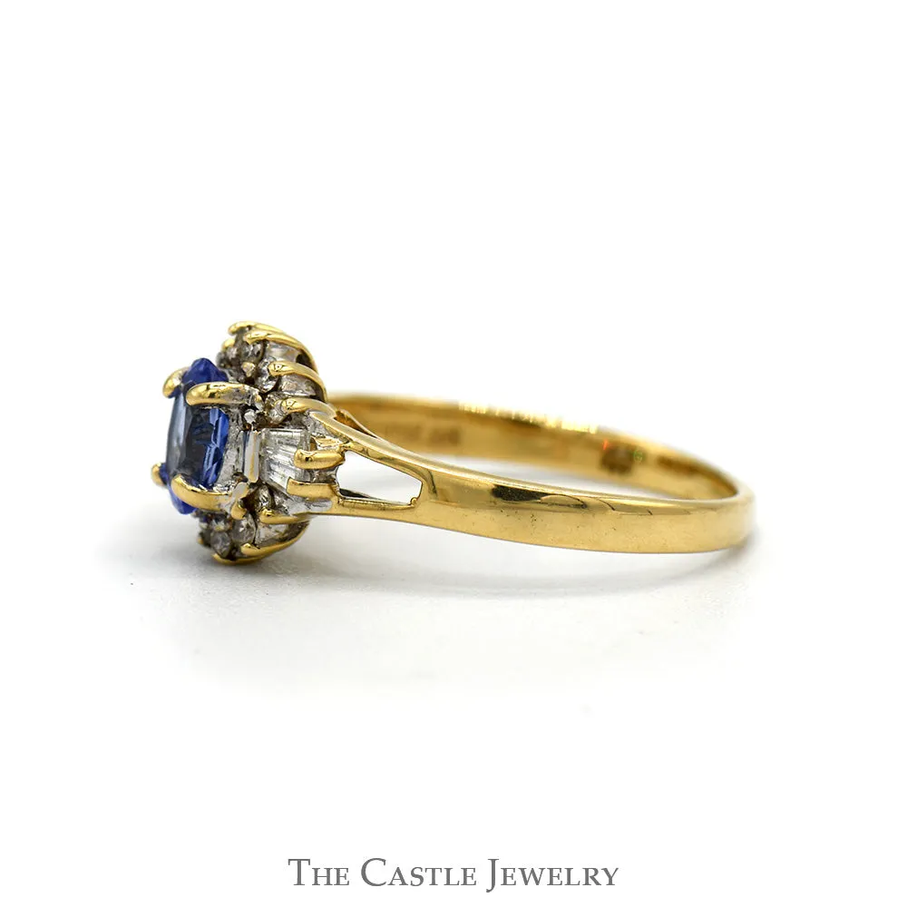 Oval Cut Tanzanite Ring With Diamond Halo And Sides .20 CTTW In 14KT Yellow Gold
