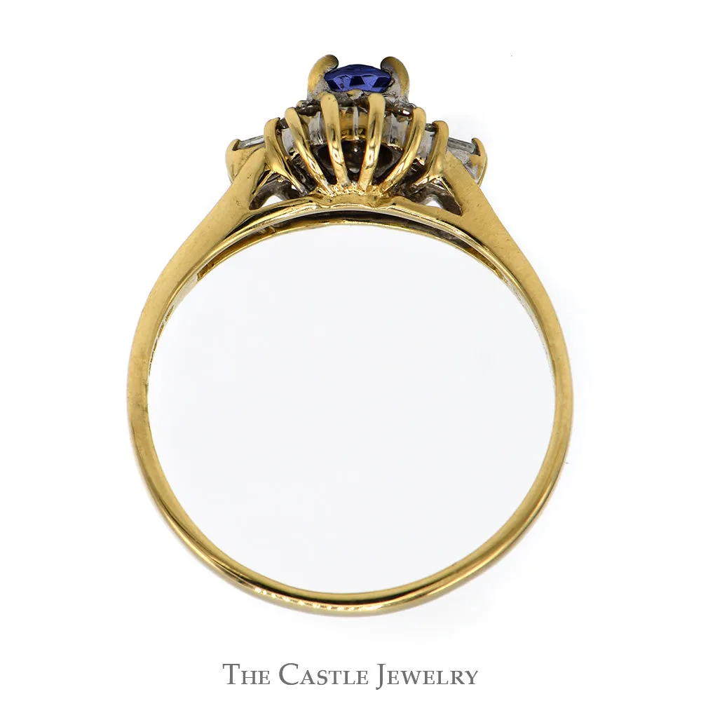 Oval Cut Tanzanite Ring With Diamond Halo And Sides .20 CTTW In 14KT Yellow Gold