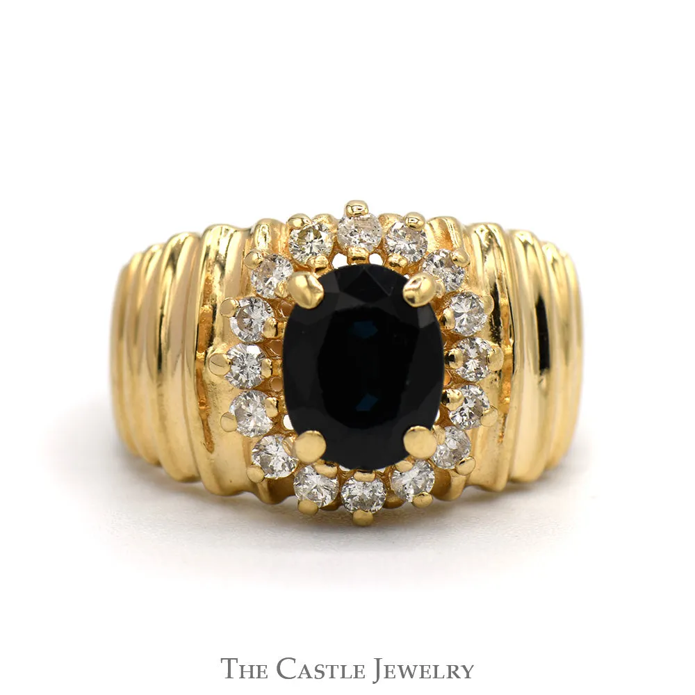Oval Sapphire Ring with Diamond Halo and Wide Ridged Sides in 14k Yellow Gold