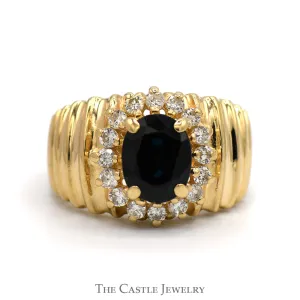 Oval Sapphire Ring with Diamond Halo and Wide Ridged Sides in 14k Yellow Gold