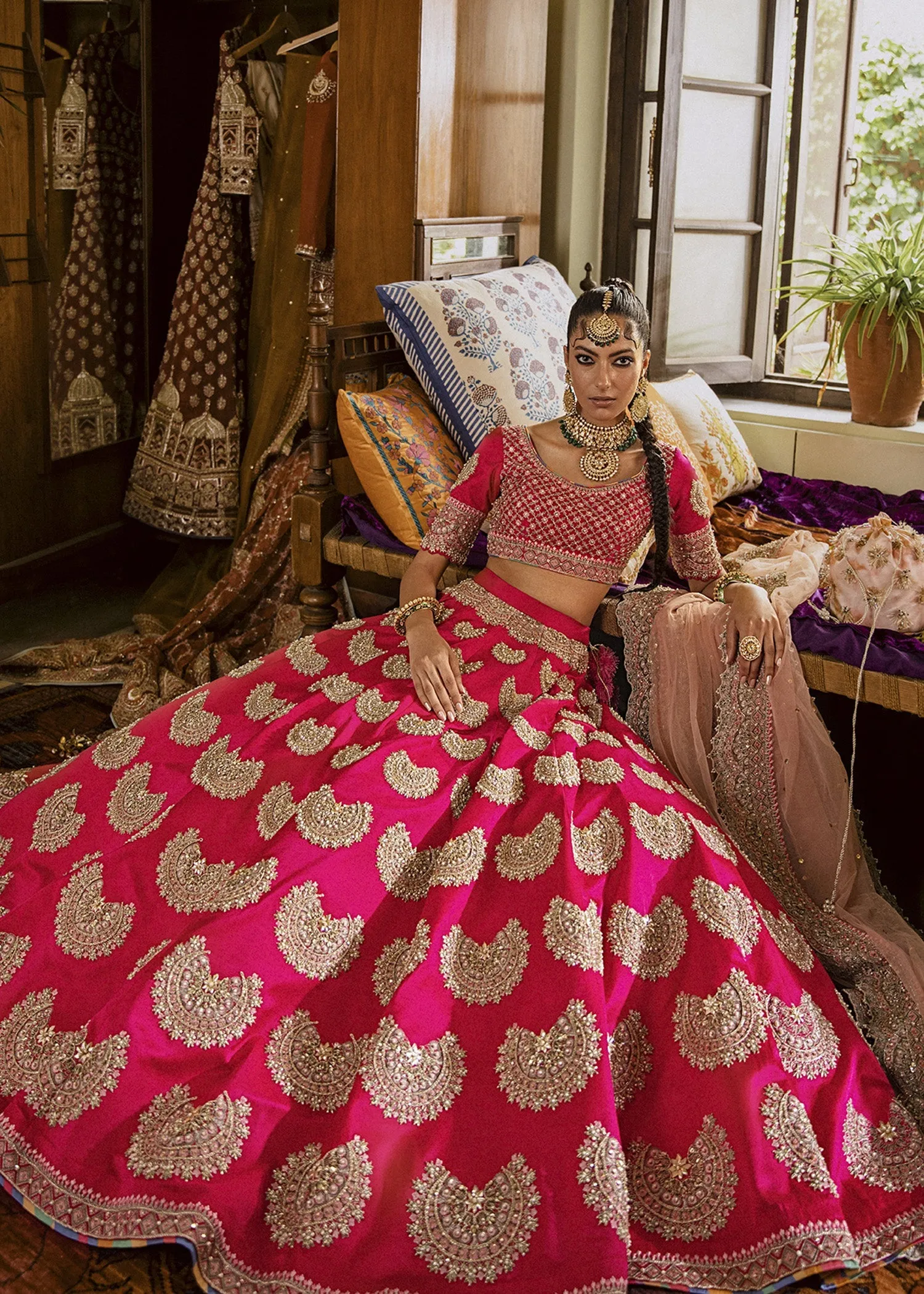 Pakistani Bridal Dress Heavily Embellished Shocking Pink Lehenga Choli