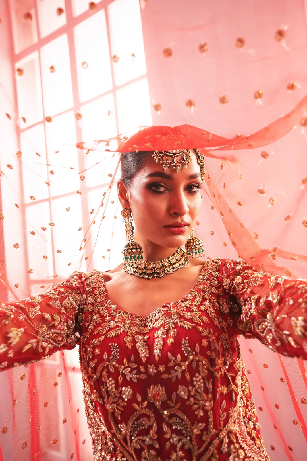 Pakistani Bridal Gown with Red Lehenga and Dupatta