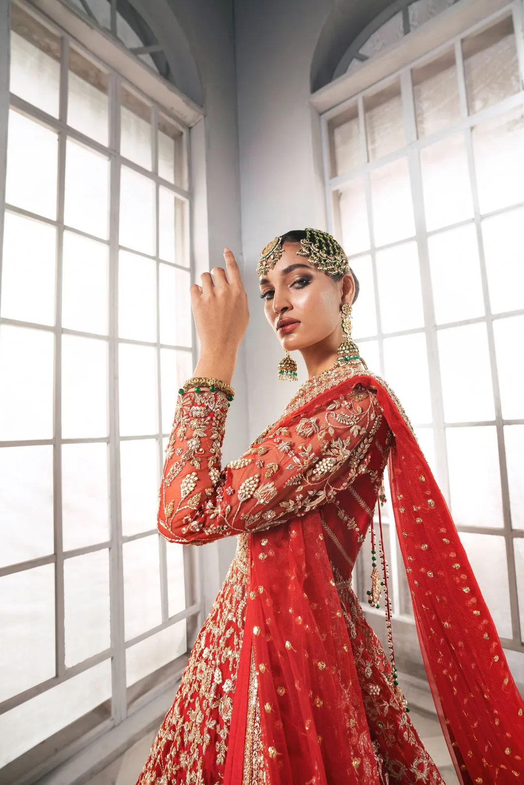Pakistani Bridal Gown with Red Lehenga and Dupatta