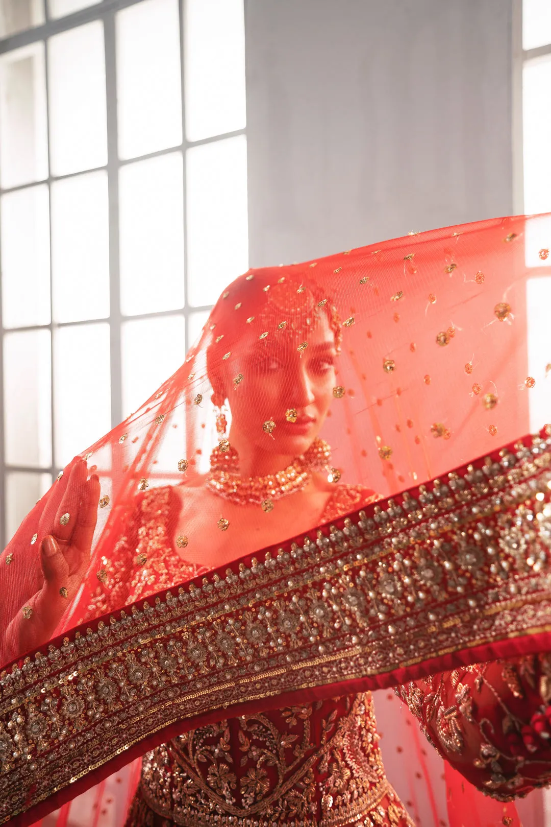 Pakistani Bridal Gown with Red Lehenga and Dupatta
