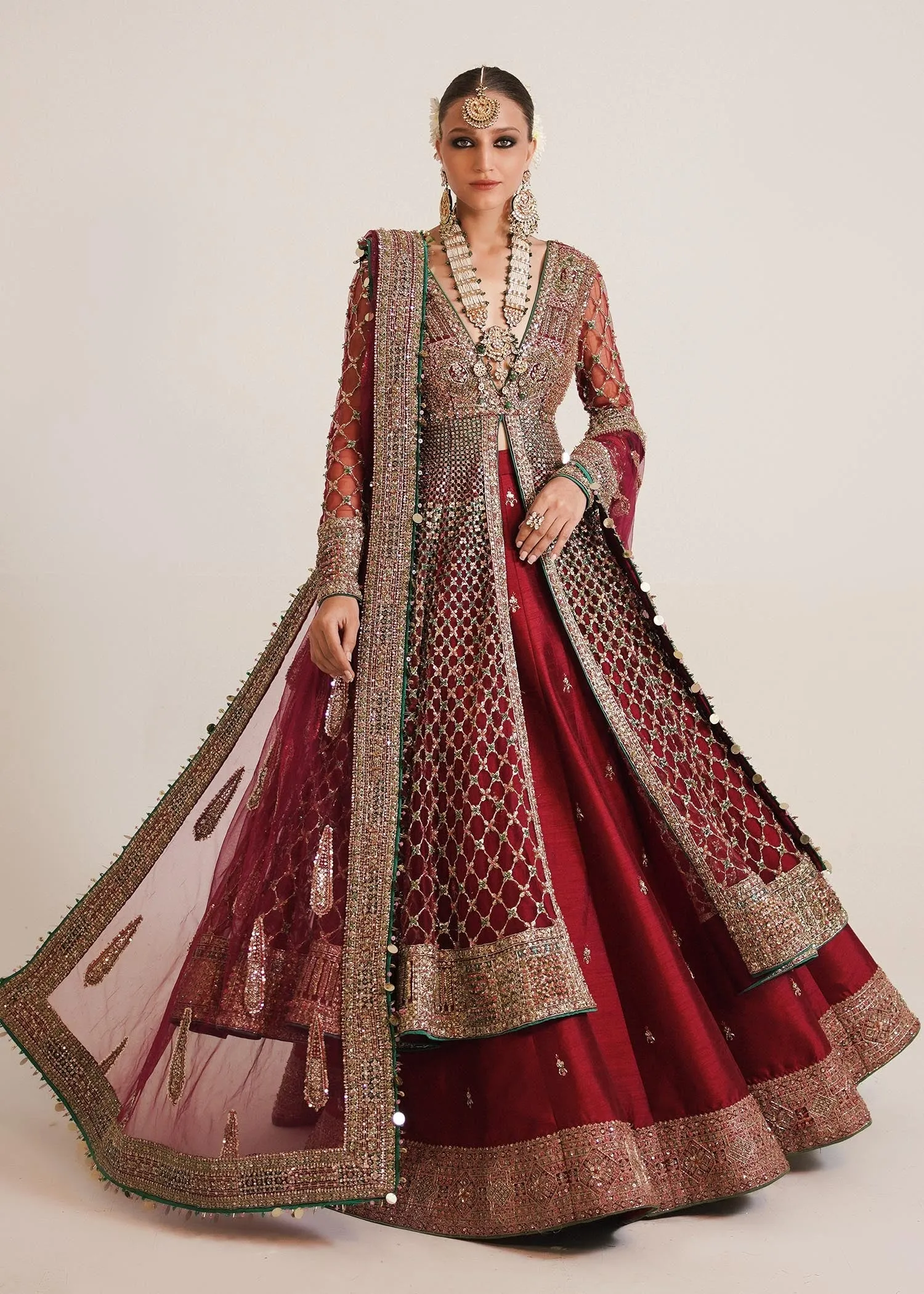Pakistani Bridal Pishwas with Lehenga and Dupatta Dress
