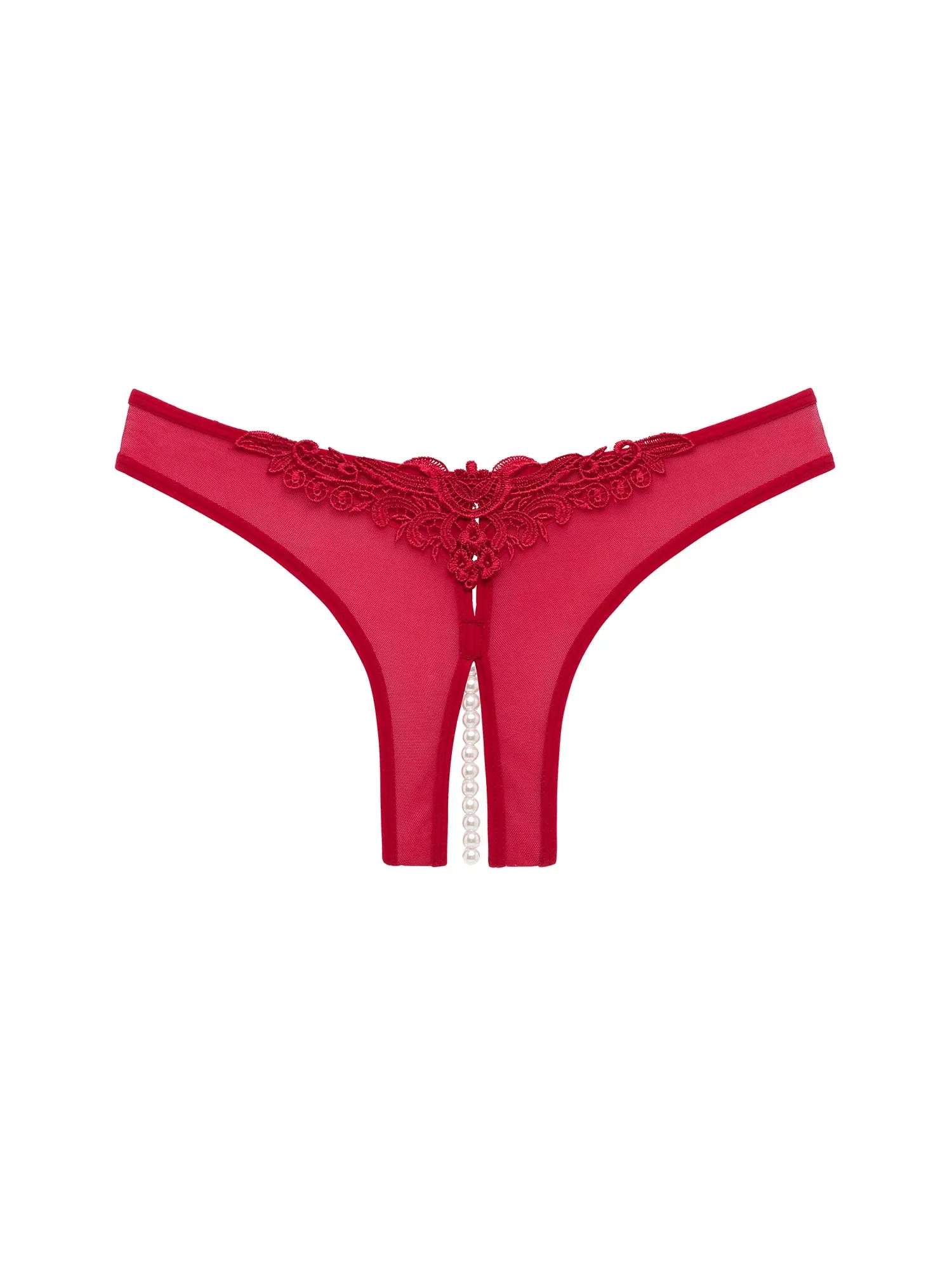 Paradise Crotchless Thong With Pearls In Red - Oh La La Cheri