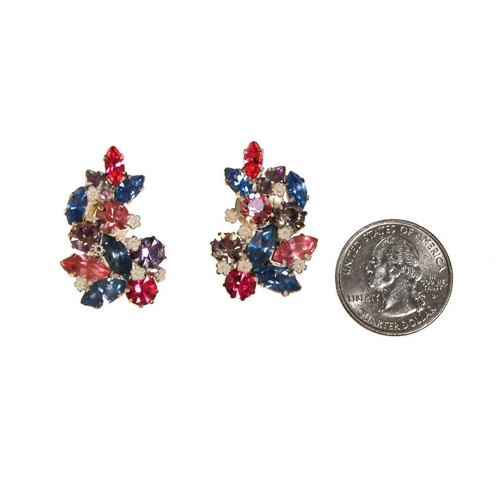 Pastel Rhinestone Earrings, Pink, Purple, Light Blue, Clip On, Made in Austria, White Metal Setting