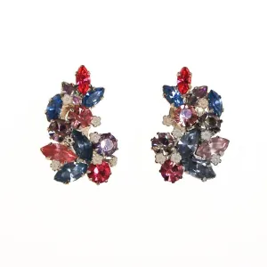 Pastel Rhinestone Earrings, Pink, Purple, Light Blue, Clip On, Made in Austria, White Metal Setting