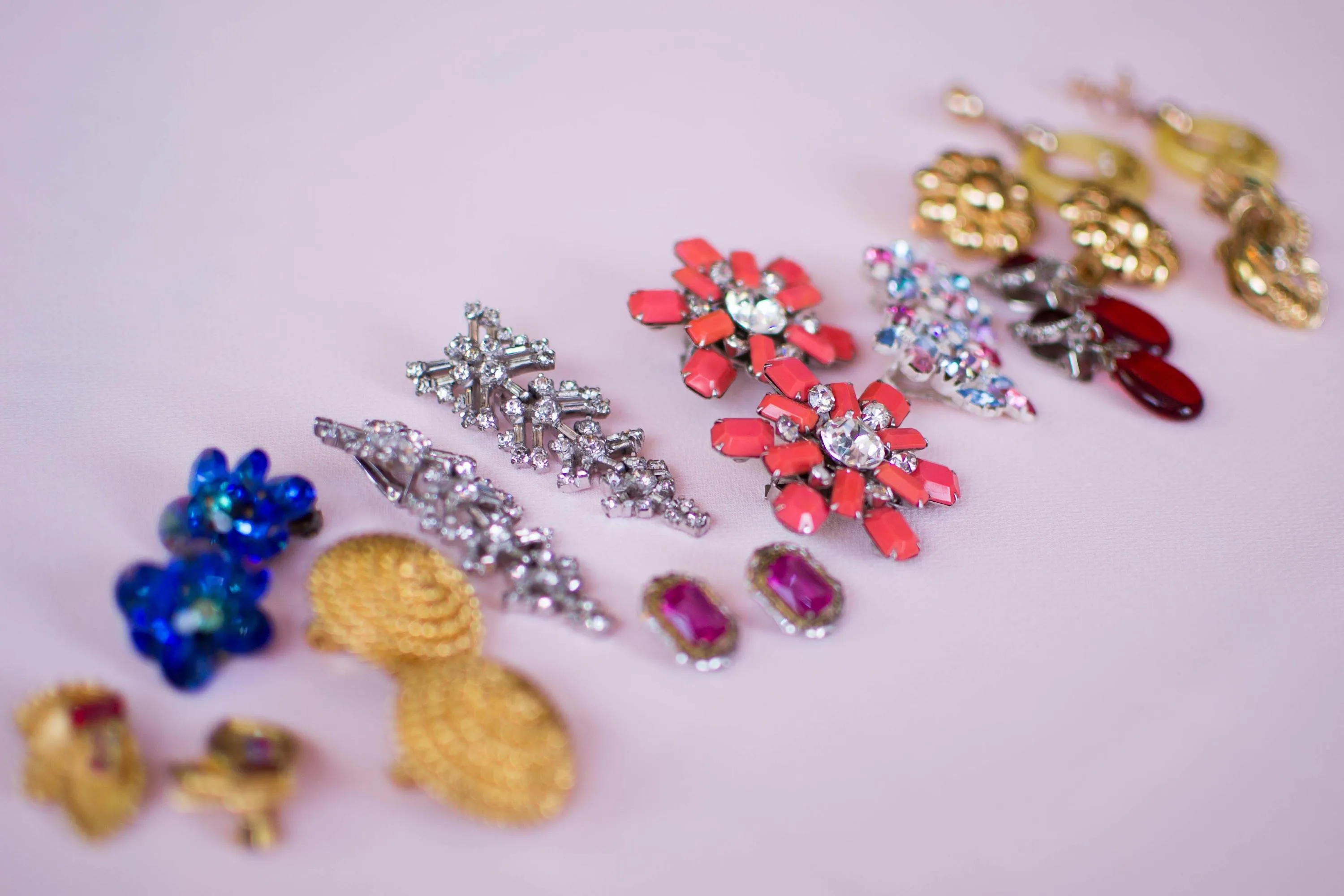 Pastel Rhinestone Earrings, Pink, Purple, Light Blue, Clip On, Made in Austria, White Metal Setting