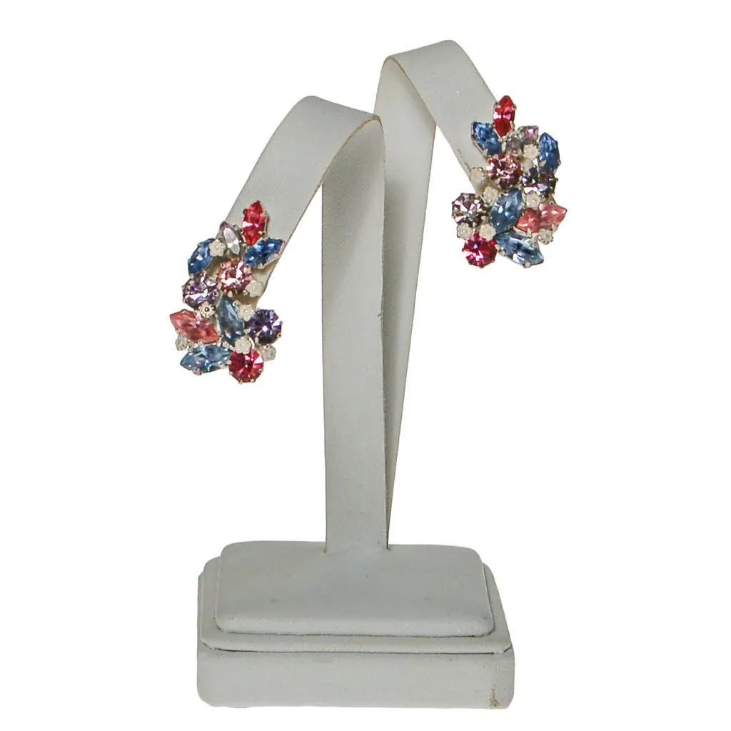Pastel Rhinestone Earrings, Pink, Purple, Light Blue, Clip On, Made in Austria, White Metal Setting