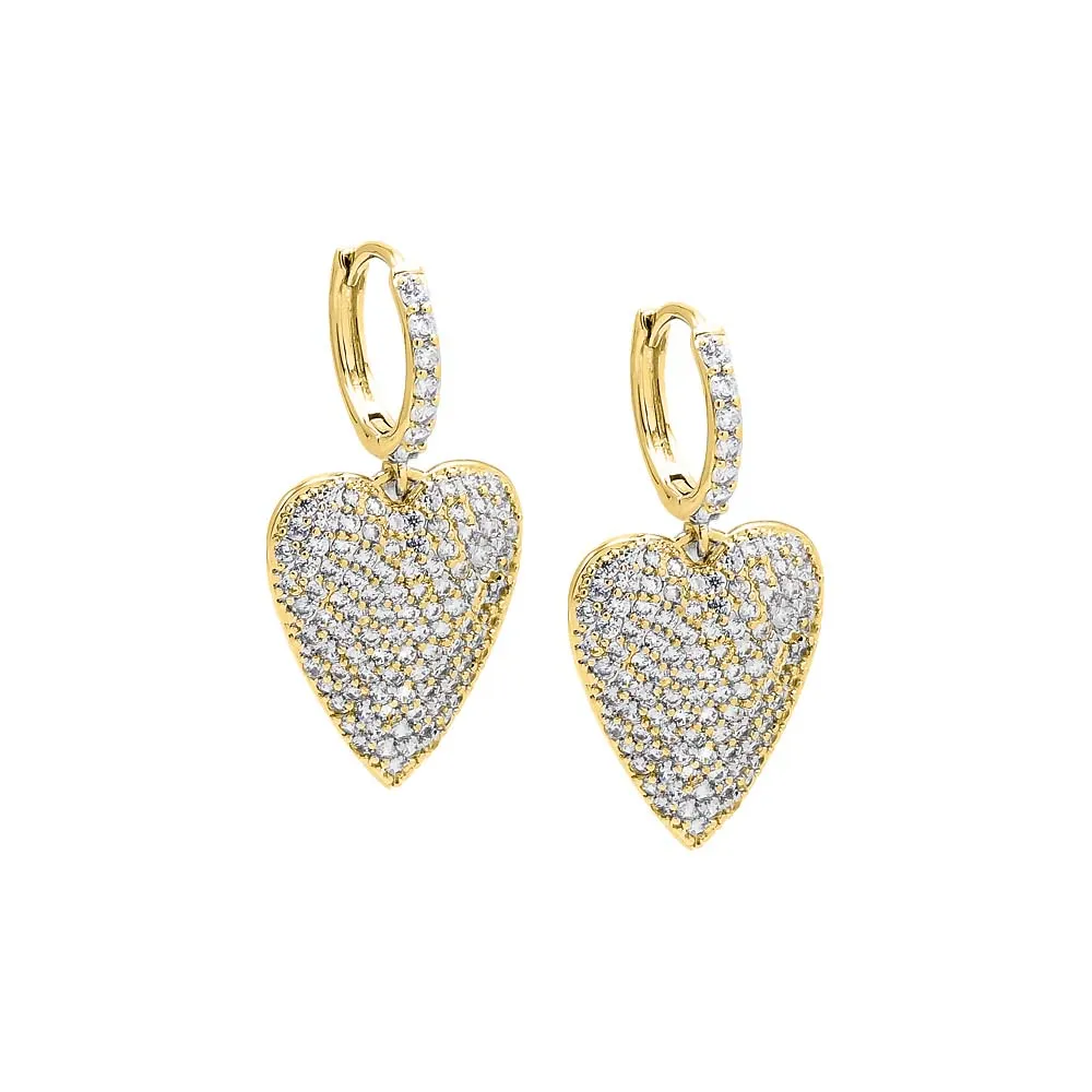 Pave Elongated Puffy Dangling Heart Huggie Earring