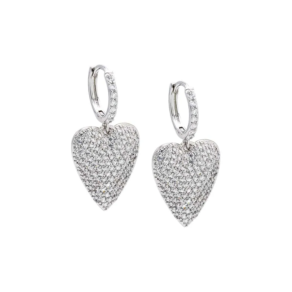 Pave Elongated Puffy Dangling Heart Huggie Earring