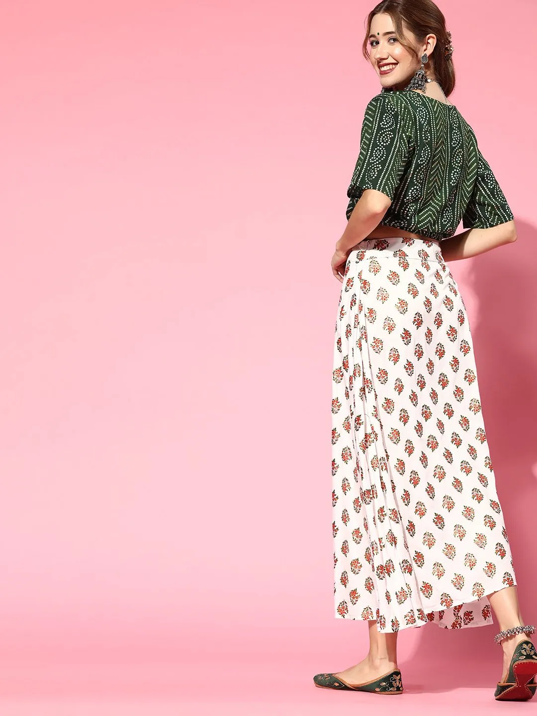 Pearl White Skirt With Green Gold Crop Top Set