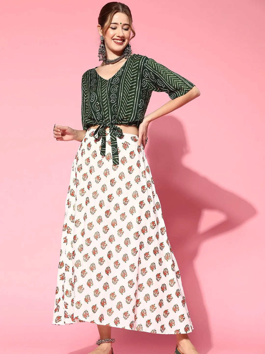 Pearl White Skirt With Green Gold Crop Top Set