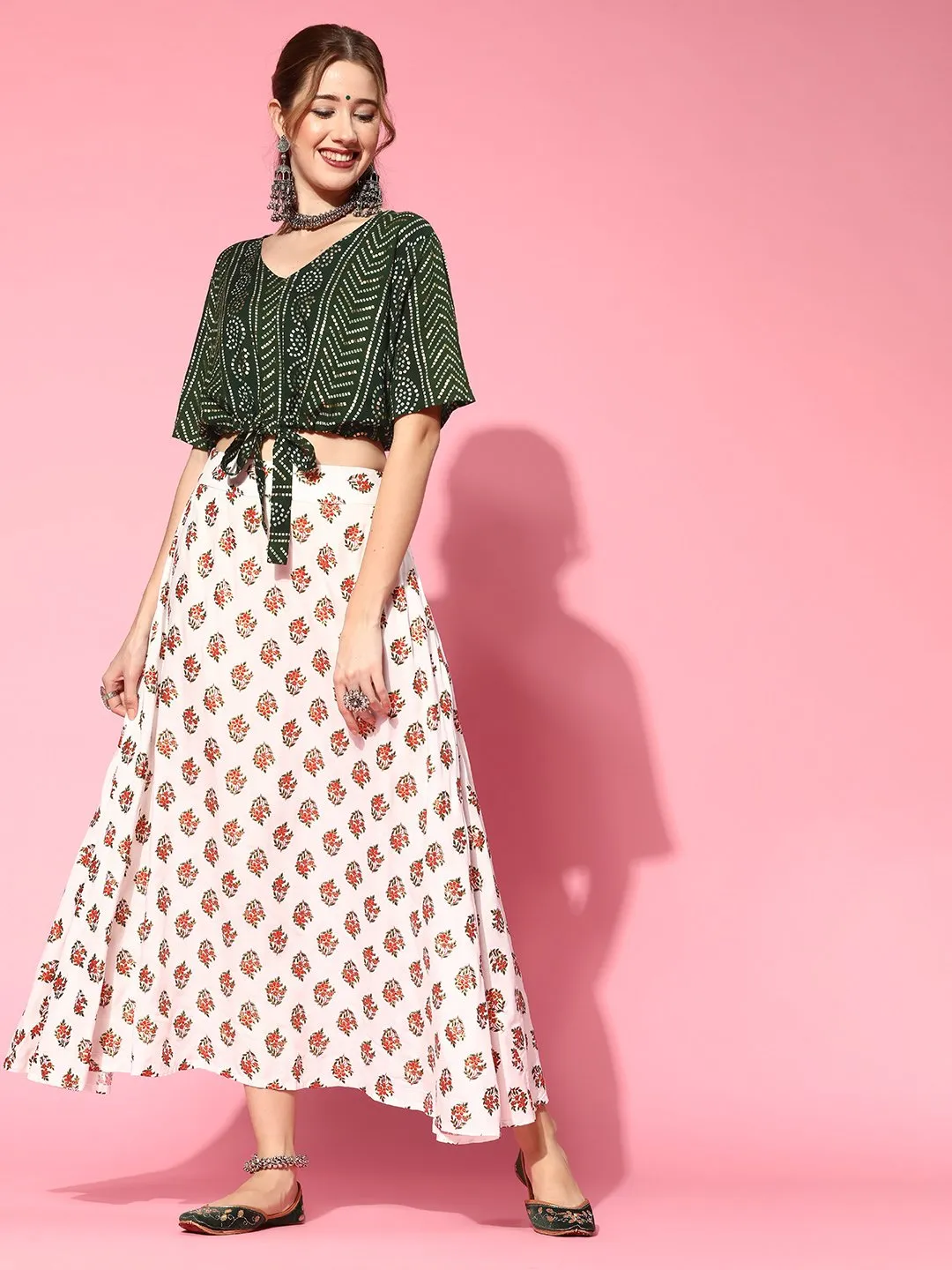 Pearl White Skirt With Green Gold Crop Top Set