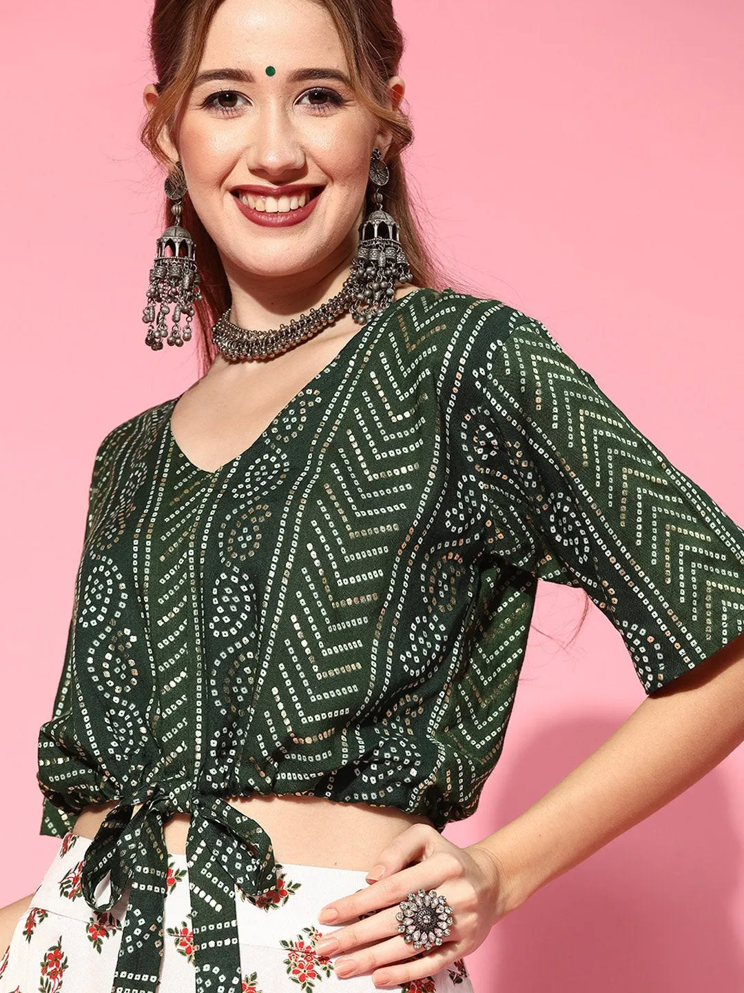 Pearl White Skirt With Green Gold Crop Top Set