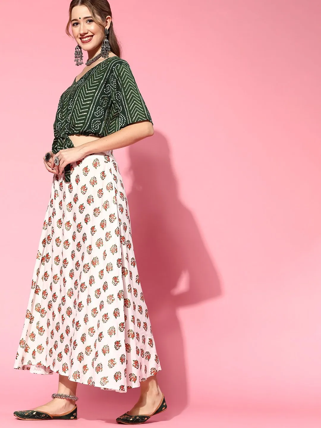 Pearl White Skirt With Green Gold Crop Top Set