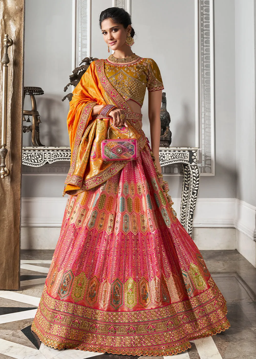 Pink And Yellow Banarasi Silk Embroidered Designer Lehenga