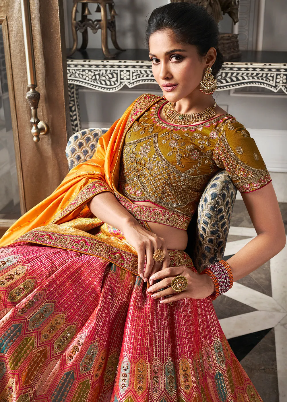 Pink And Yellow Banarasi Silk Embroidered Designer Lehenga