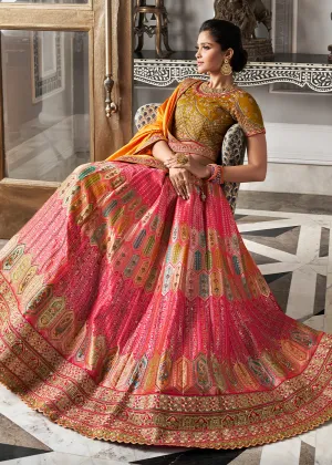 Pink And Yellow Banarasi Silk Embroidered Designer Lehenga