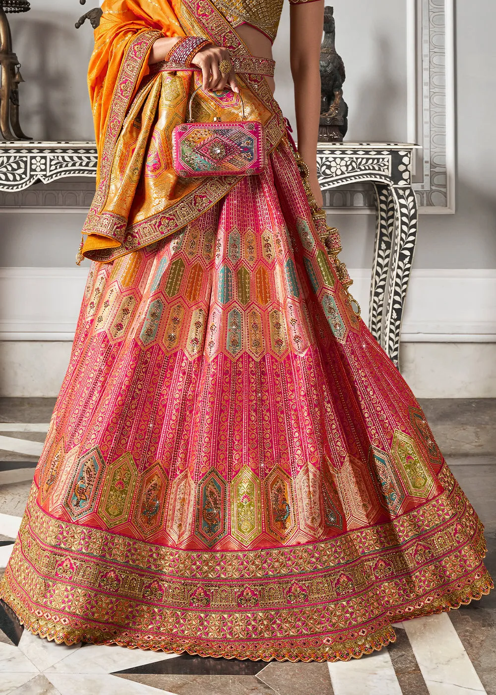 Pink And Yellow Banarasi Silk Embroidered Designer Lehenga