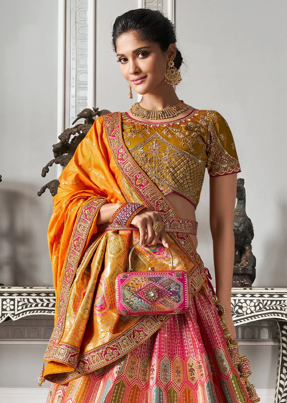 Pink And Yellow Banarasi Silk Embroidered Designer Lehenga