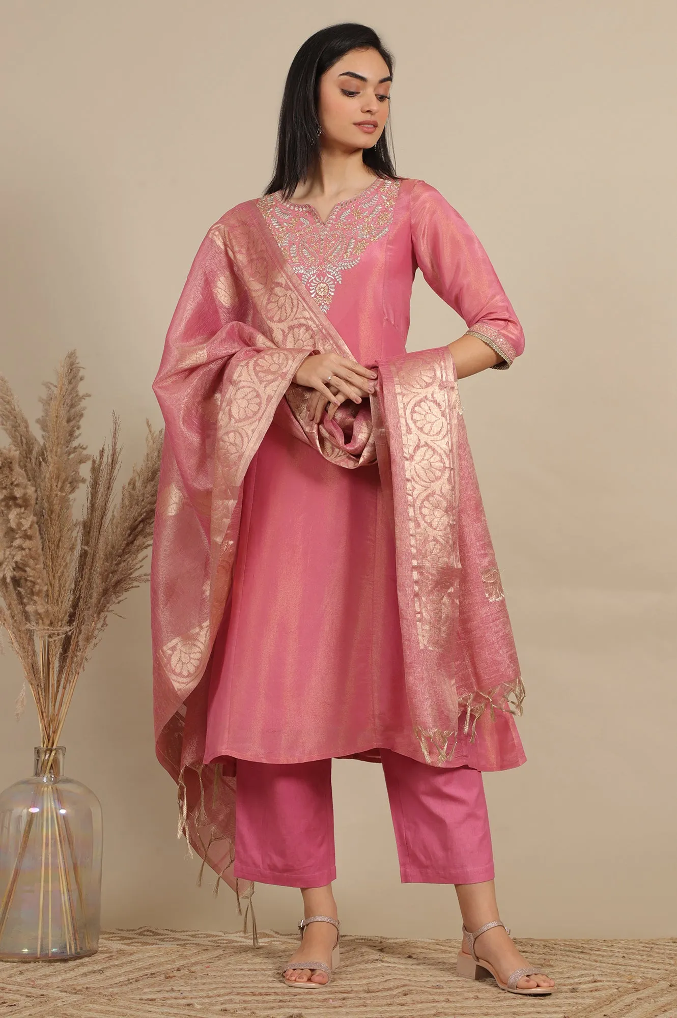 Pink Zari Embroidered Tissue Flared Kurta and Palazzo and Dupatta Set