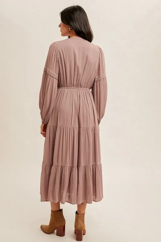 Pintuck Detailed Long Sleeve Midi Dress