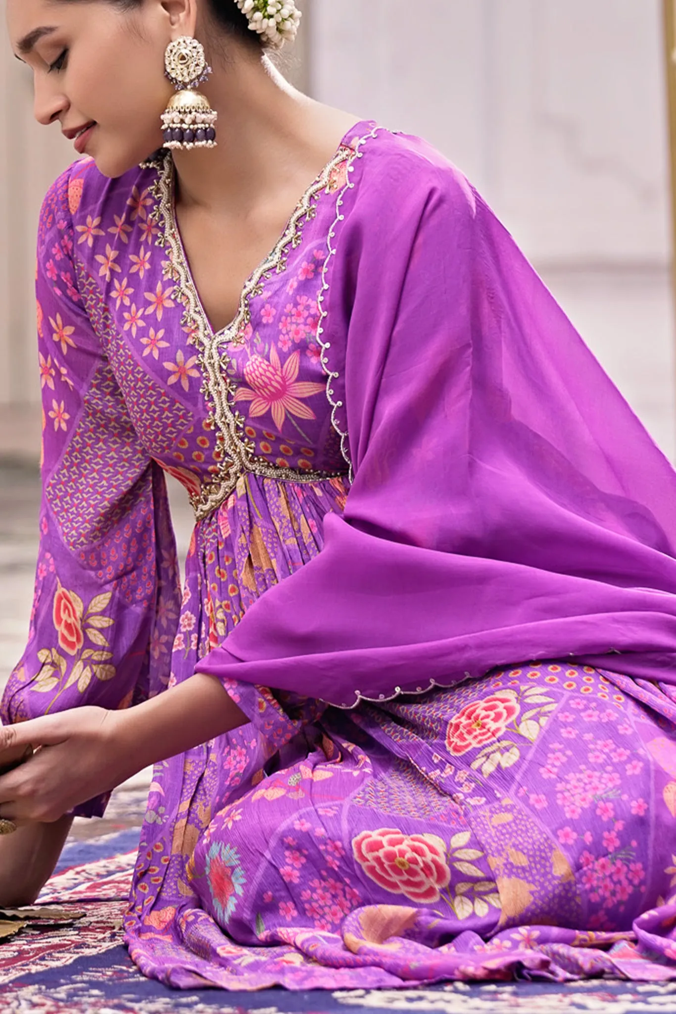 Purple Chinon Chiffon Lurex Suit Set with Mirror Work