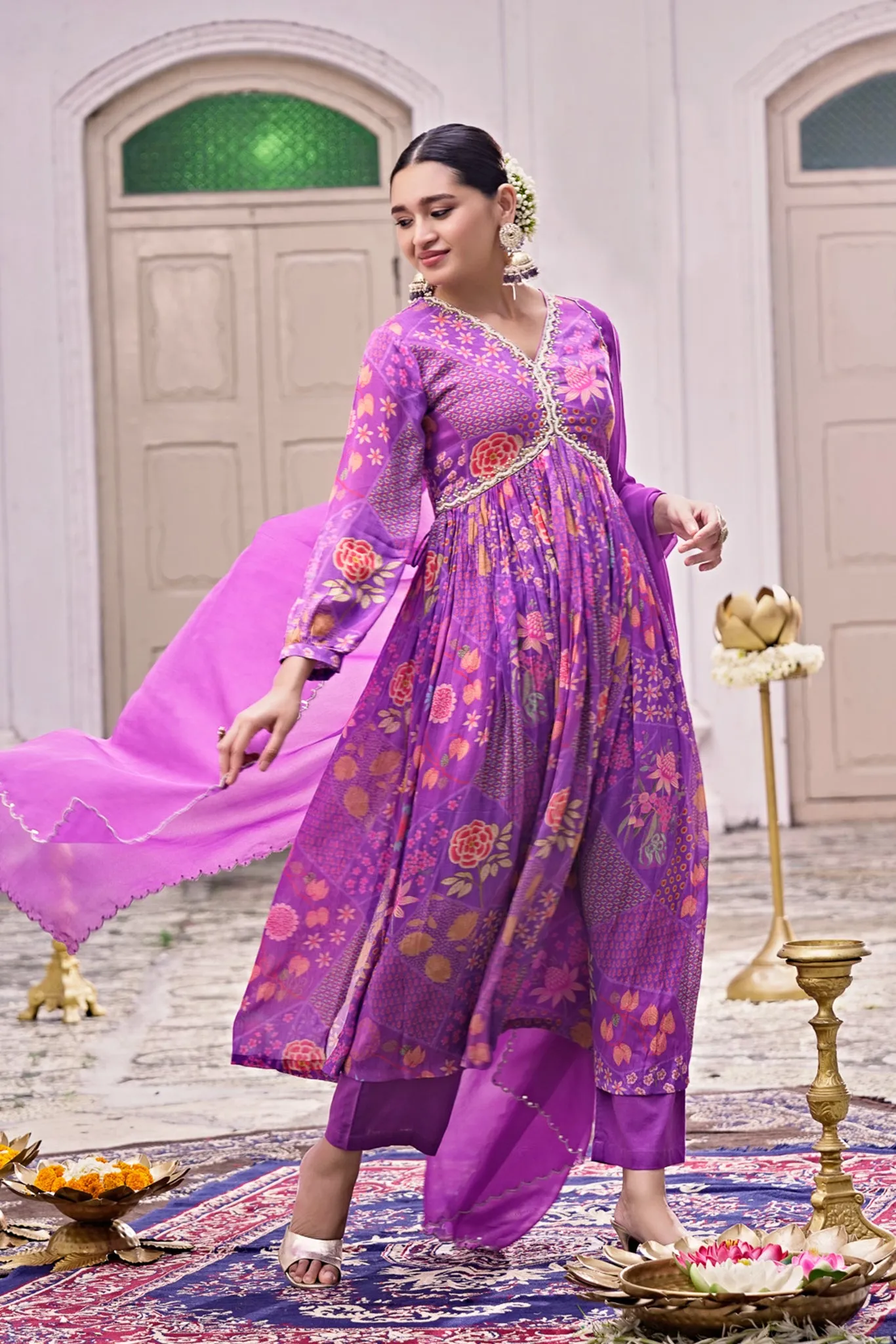 Purple Chinon Chiffon Lurex Suit Set with Mirror Work
