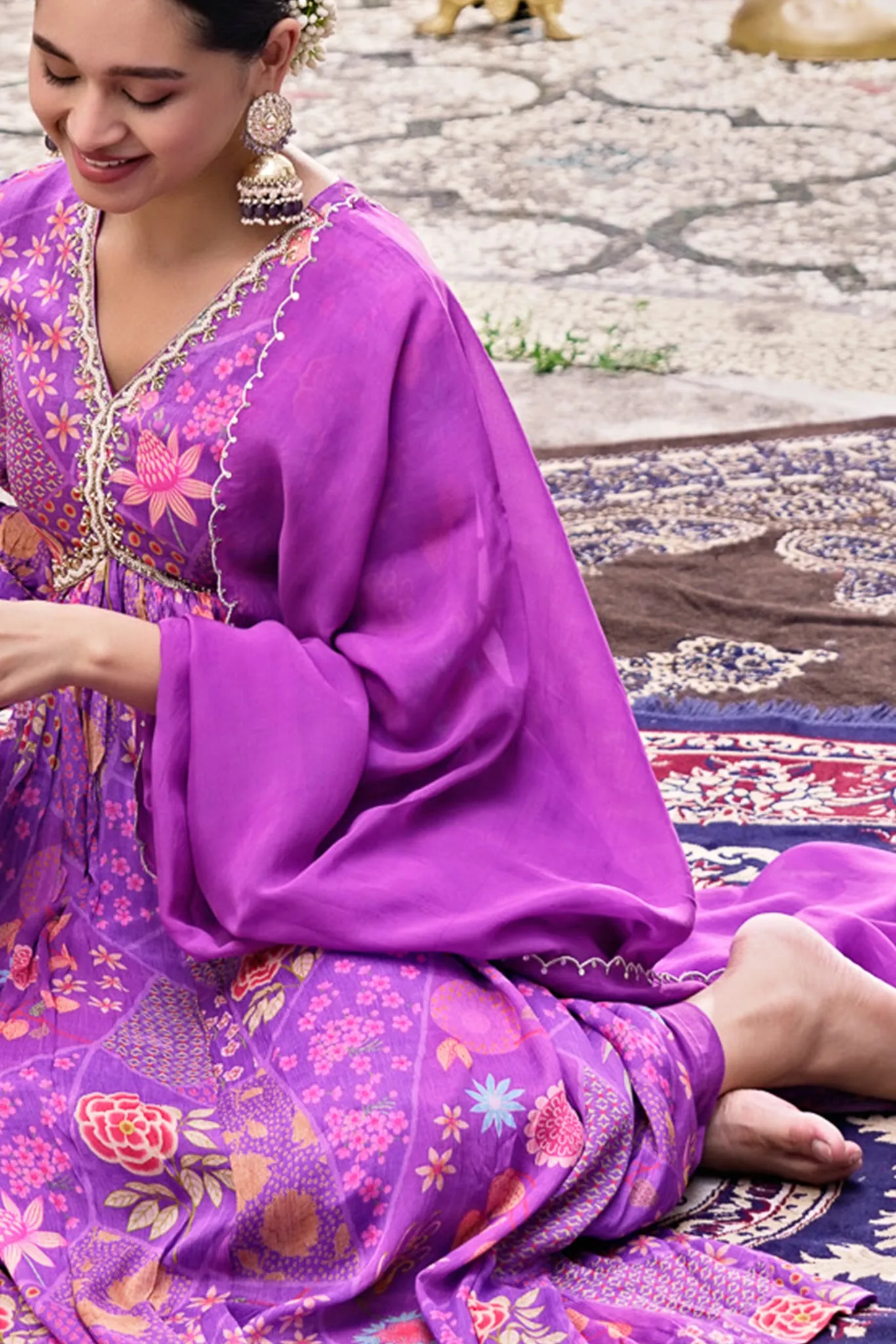 Purple Chinon Chiffon Lurex Suit Set with Mirror Work