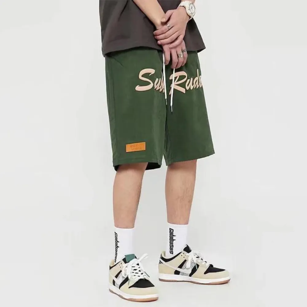 "Letter Embroidery Suede" Shorts