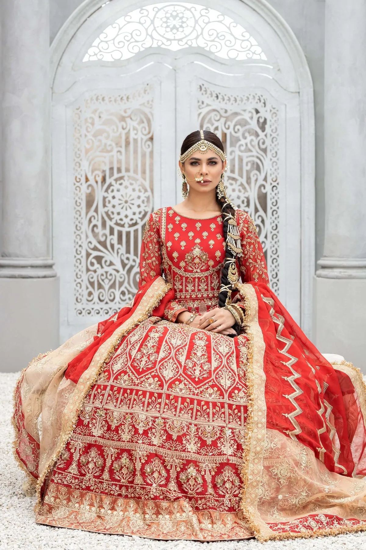 Red Pakistani Bridal Dress in Gown and Dupatta Style