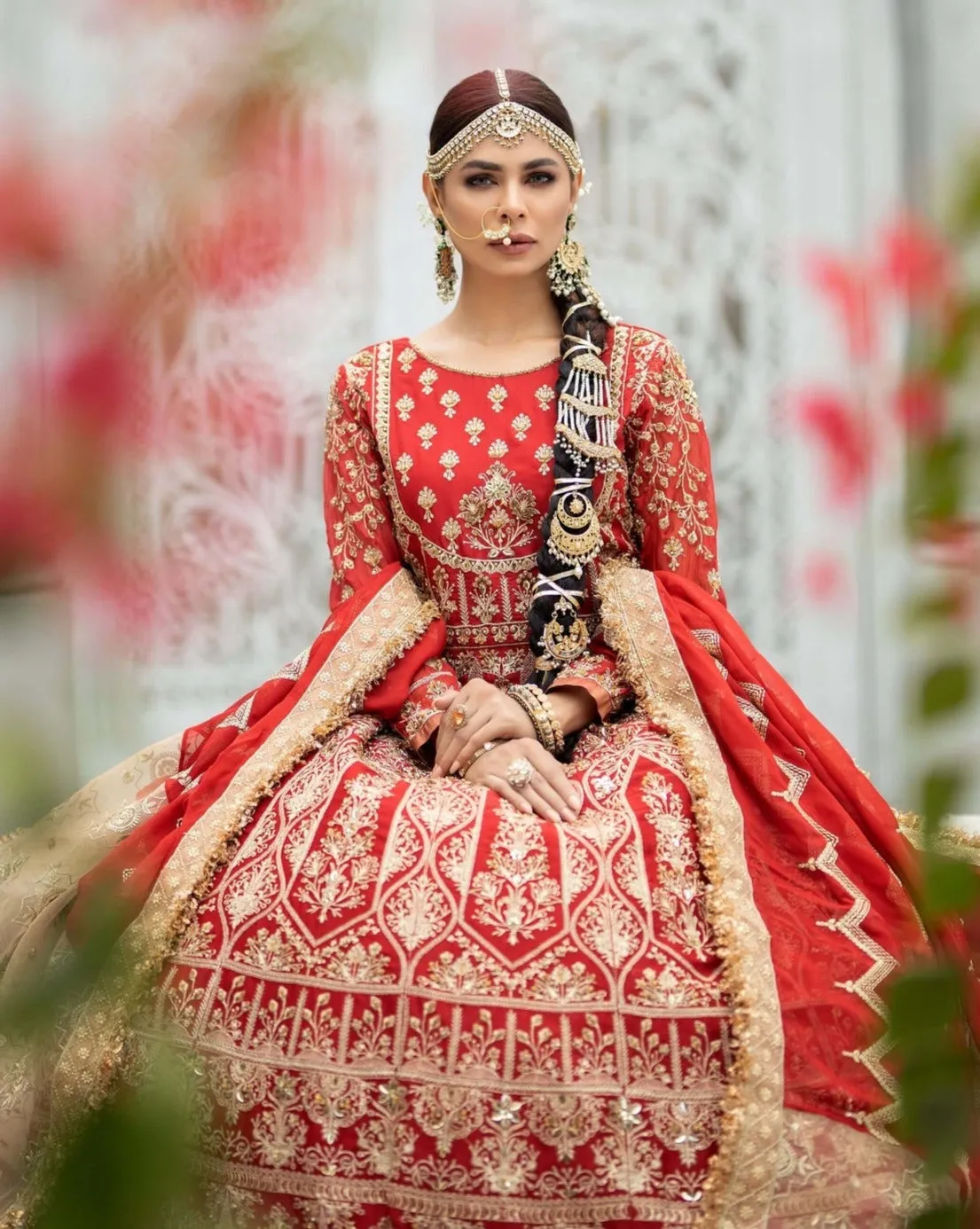 Red Pakistani Bridal Dress in Gown and Dupatta Style